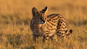 A serval cat in Tanzania's grasslands showing its distinctive spotted coat and large ears