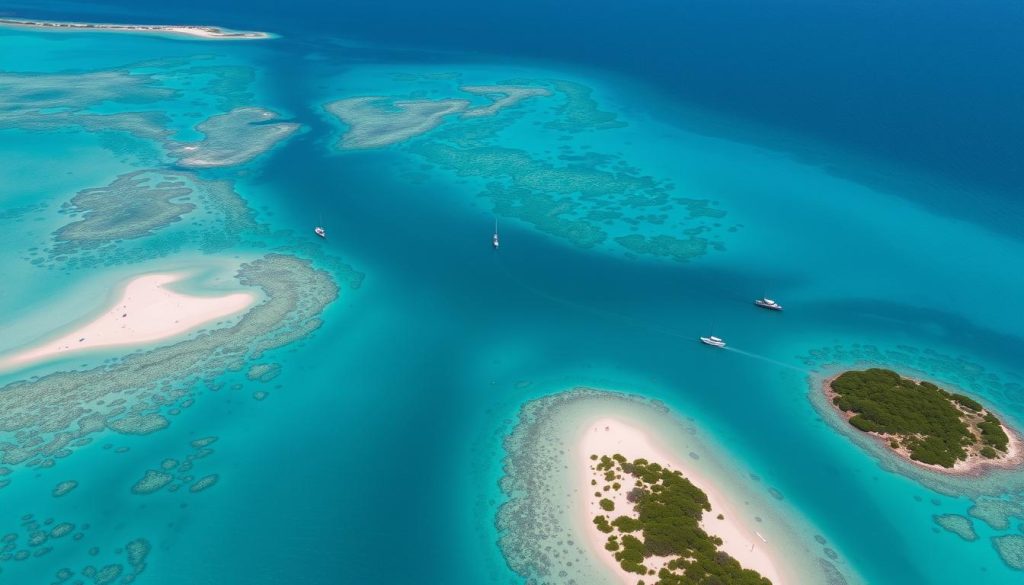 Aerial view of Mafia Island Marine Park with coral reefs visible through clear water
