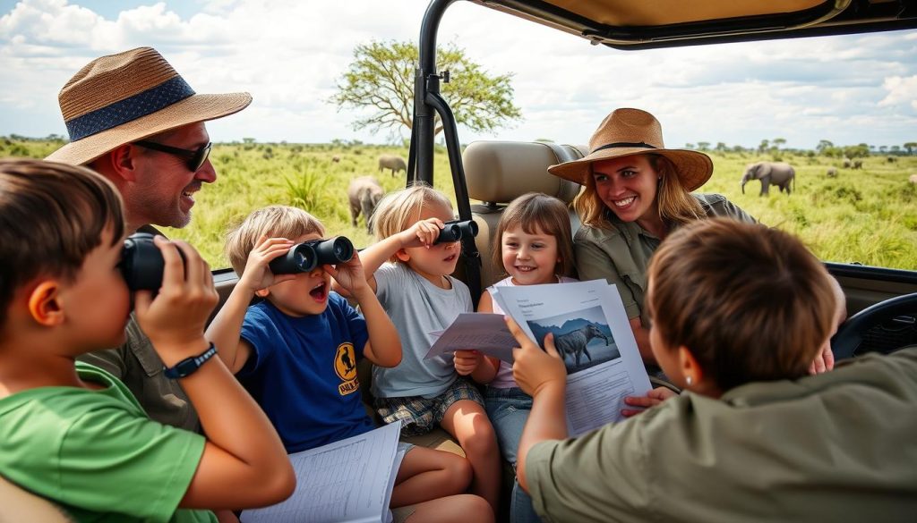 Children engaged in wildlife spotting activities during a Tanzania safari game drive