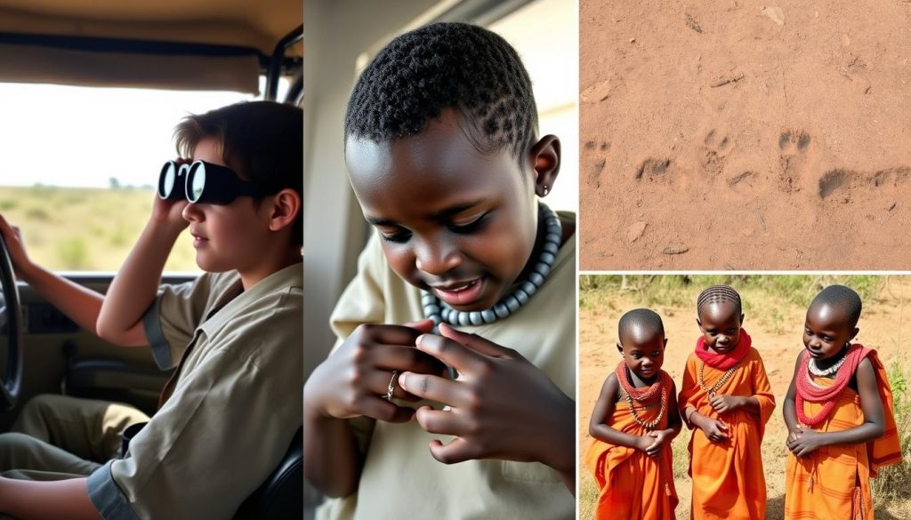 Children of different ages participating in safari activities in Tanzania