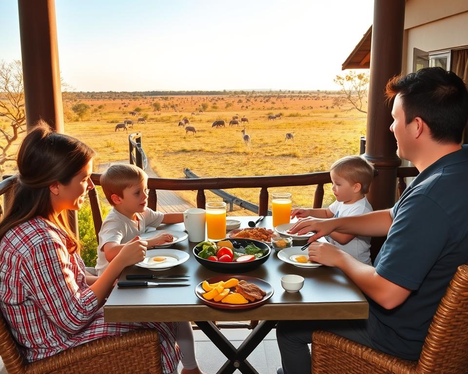 Family enjoying breakfast at a safari lodge in Tanzania