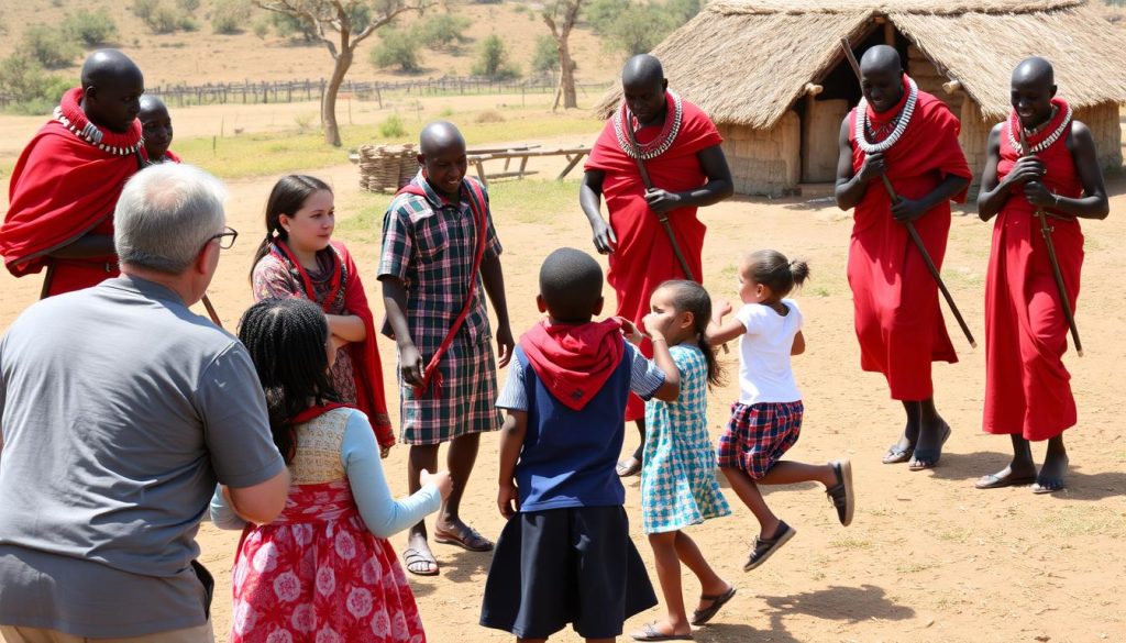 Family participating in cultural activities with Maasai community in Tanzania