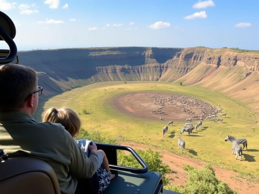 Family safari vehicle at Ngorongoro Crater with wildlife in view