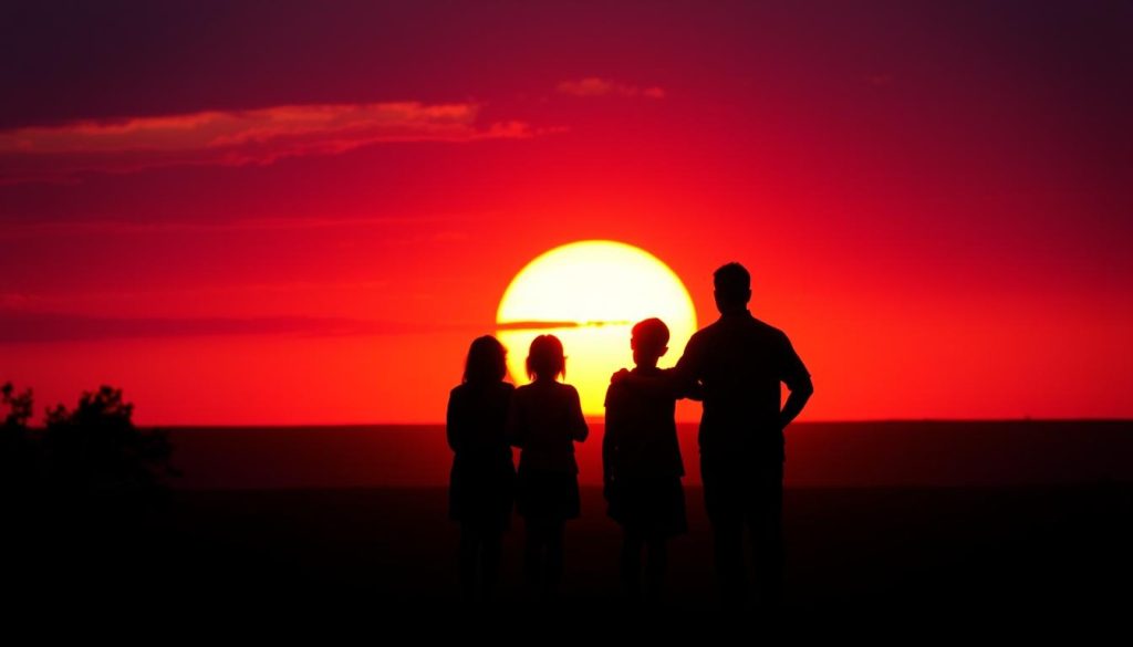 Family watching sunset together on safari in Tanzania