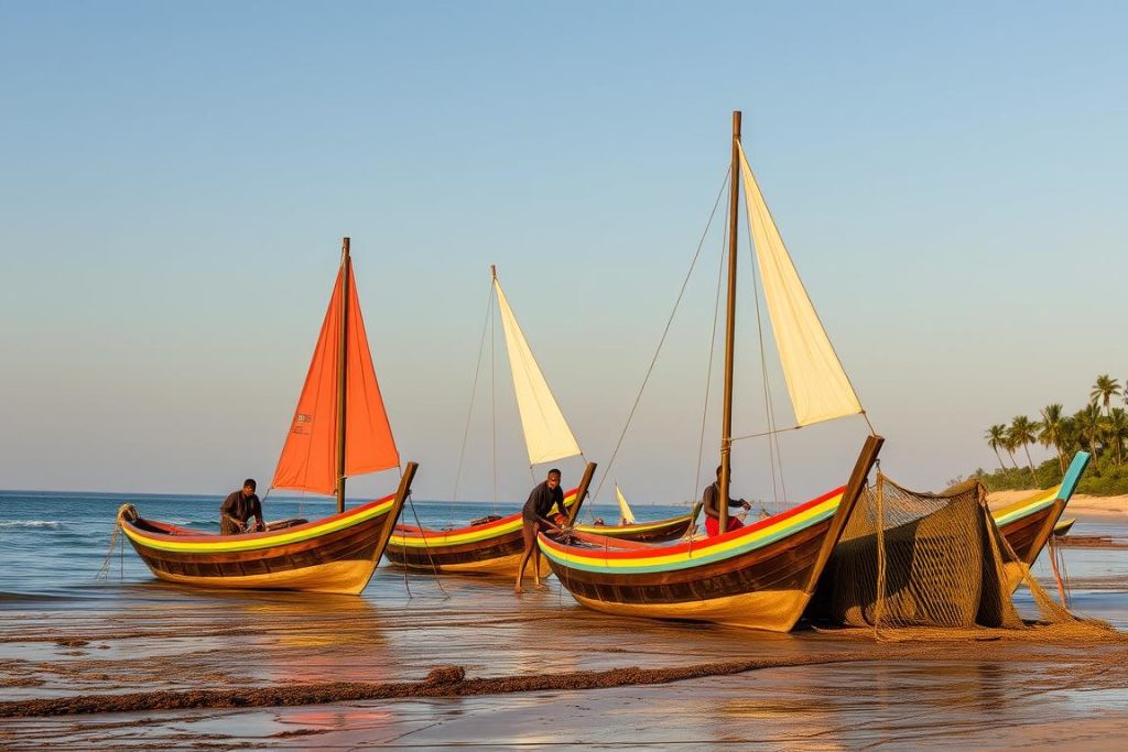 Local fishermen with traditional dhow boats on Mafia Island Tanzania