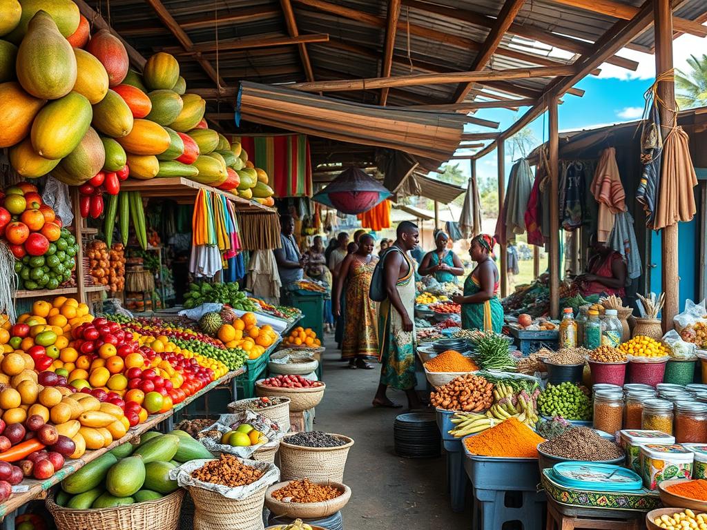 Local market scene in Kilindoni village on Mafia Island Tanzania