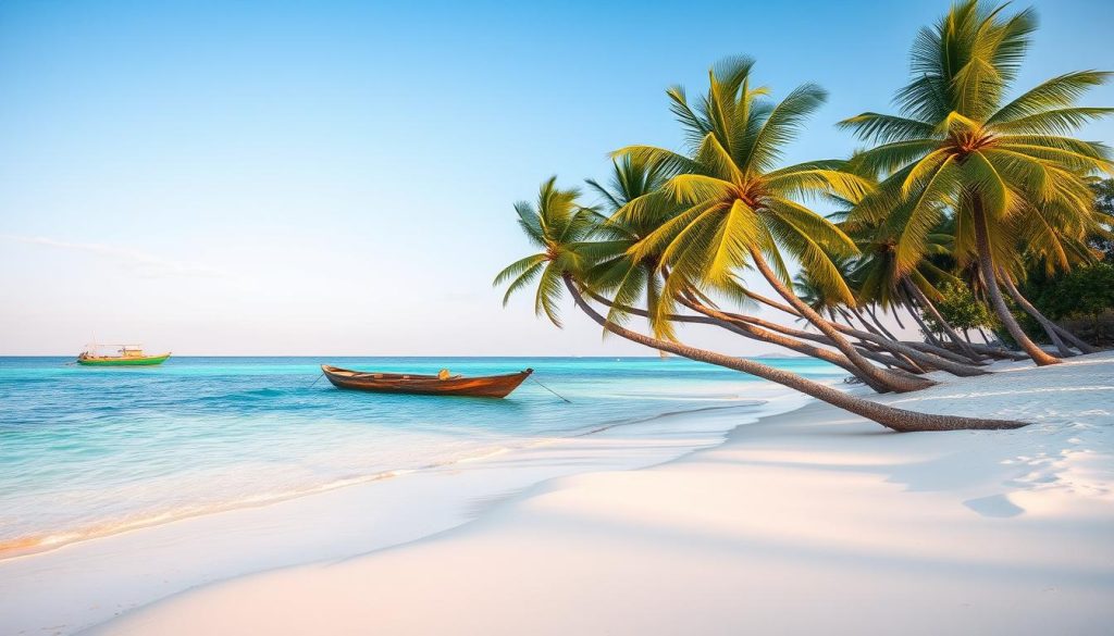 Pristine white sand beach with palm trees on Mafia Island Tanzania
