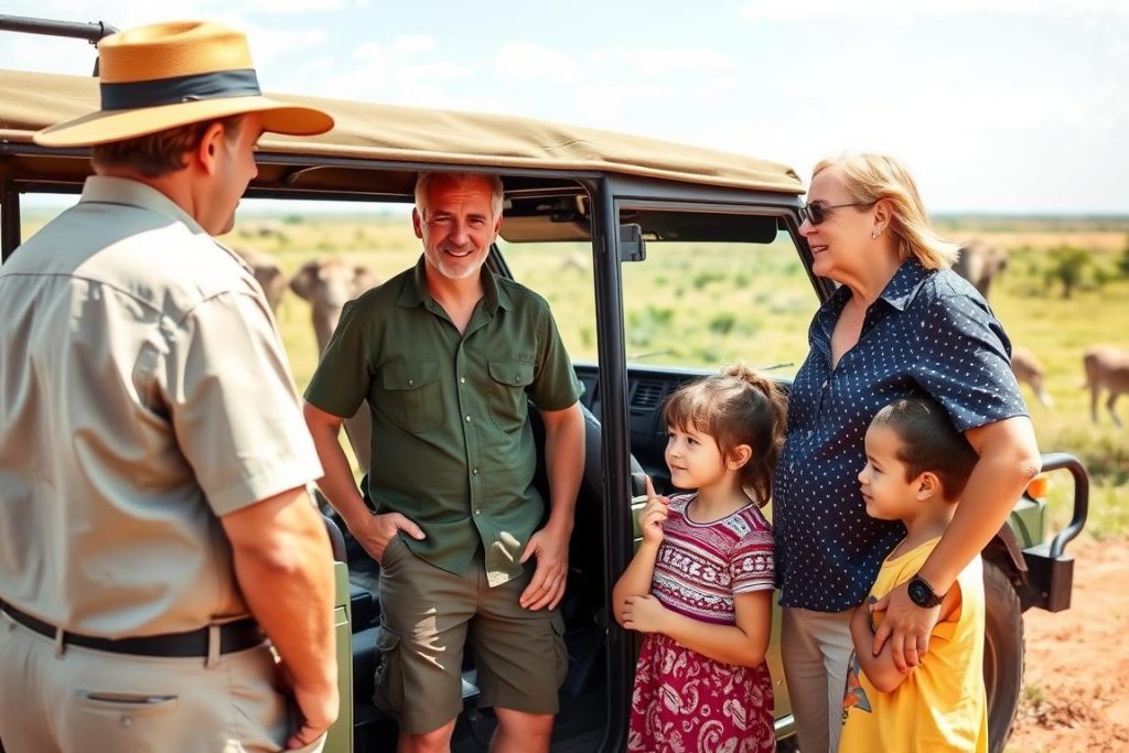 Safari guide explaining safety to a family before a game drive in Tanzania