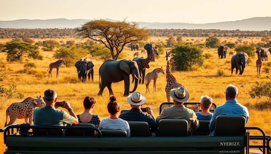 Safari vehicle viewing wildlife in Nyerere National Park before Mafia Island extension Tanzania