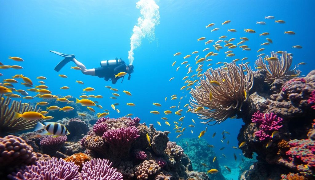 Scuba diver exploring coral reef in Mafia Island Tanzania