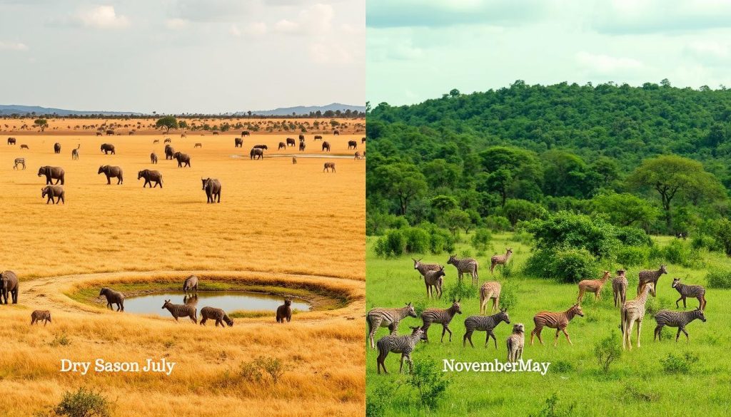 Seasonal comparison of Tanzania safari landscapes across different times of year