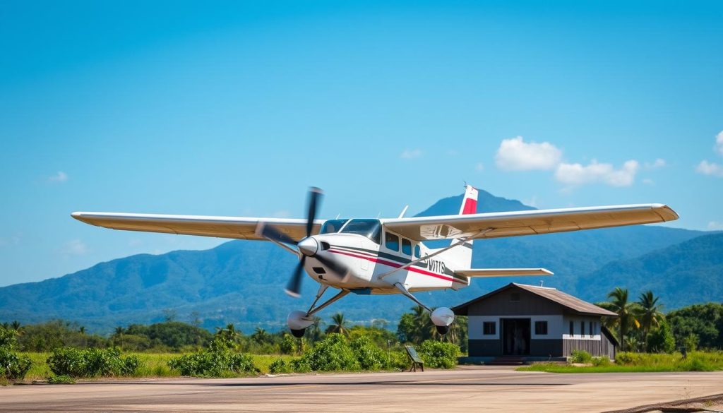 Small aircraft landing at Mafia Island Airport Tanzania