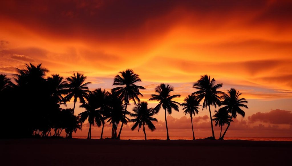 Sunset silhouette of palm trees on beach at Mafia Island Tanzania