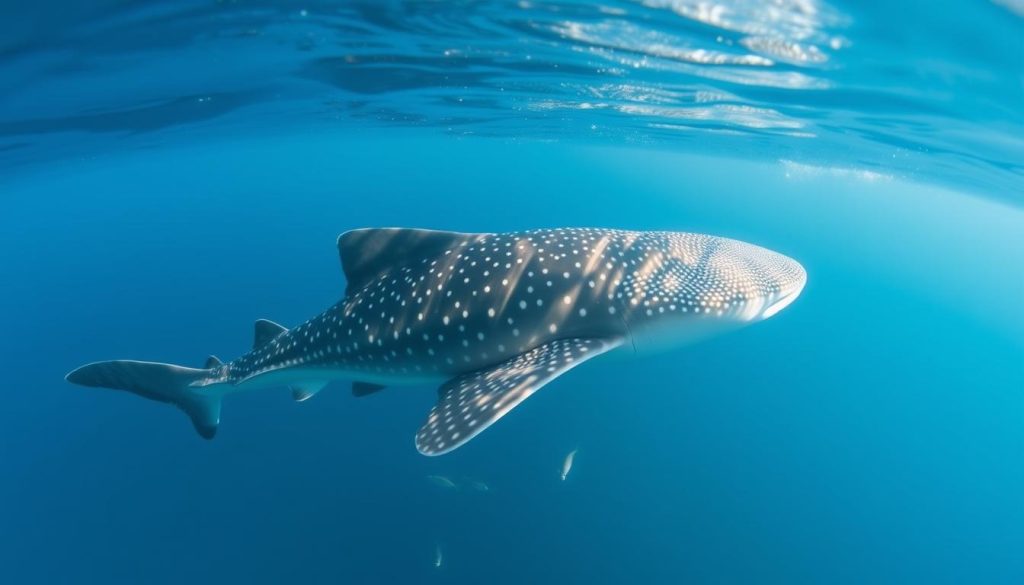 Whale shark swimming near the surface in waters off Mafia Island Tanzania